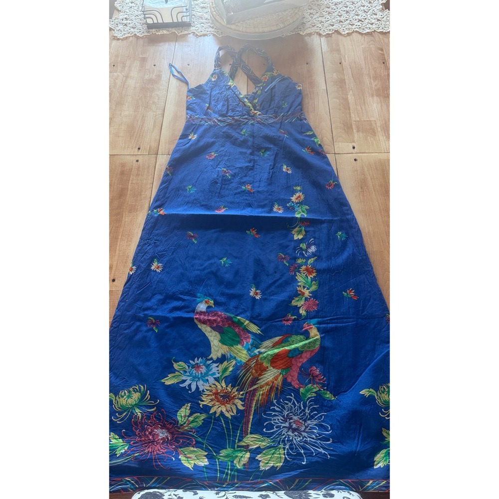 Fever London Blue Cotton Peacock Floral Halter Maxi Dress Size 12‎